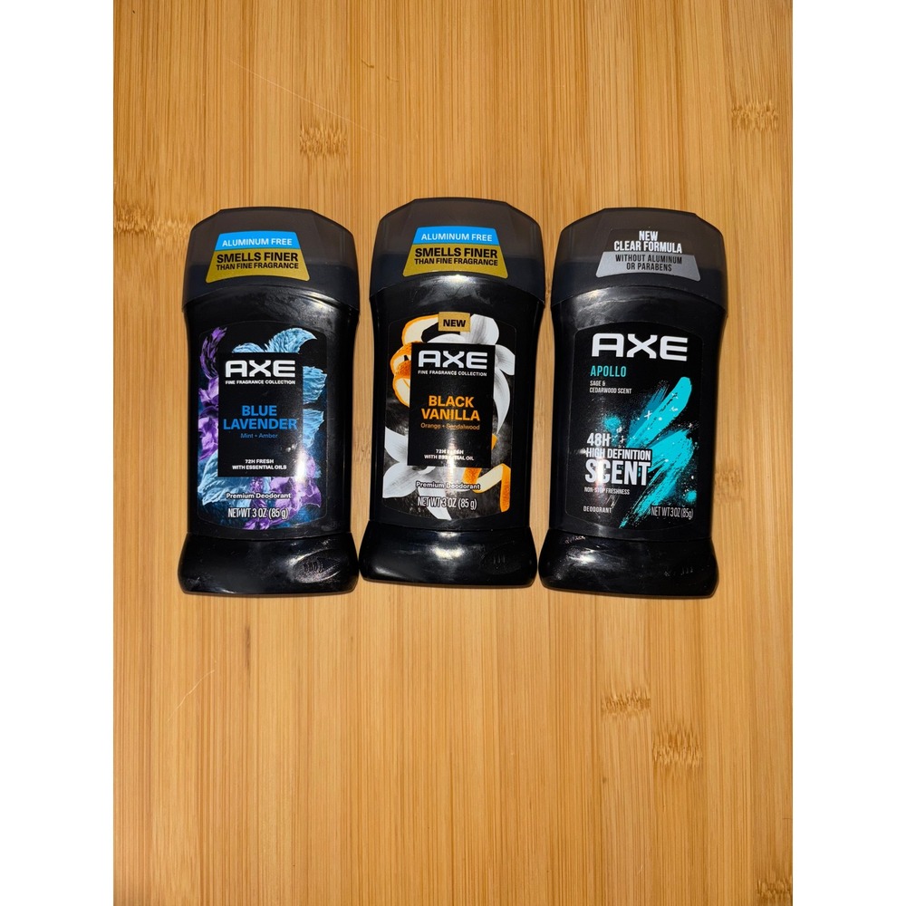 AXE Deodorant Lot of 3 Men Blue Lavender Black Vanilla Apollo Aluminum Free 3oz